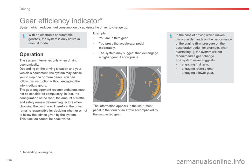 Citroen C3 RHD 2015 2.G Owners Manual 134
Gear efficiency indicator*
In the case of driving which makes
particular demands on the performance
of the engine (firm pressure on the
accelerator pedal, for example, when
overtaking...), the Citroen C3 RHD 2015 2.G Owners Manual 134
Gear efficiency indicator*
In the case of driving which makes
particular demands on the performance
of the engine (firm pressure on the
accelerator pedal, for example, when
overtaking...), the