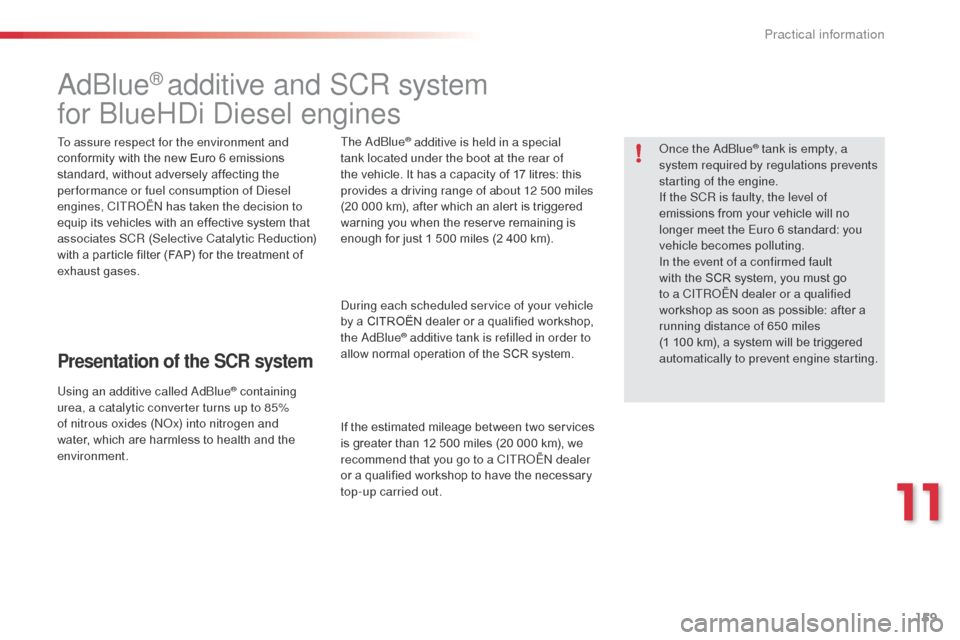 Citroen C3 RHD 2015 2.G Owners Manual 159
adblue® additive and SCR system
for 
b
lu

eH
di
   d
i
 esel engines
To assure respect for the environment and 
conformity with the new Euro 6 emissions 
standard, without adversely affecting th