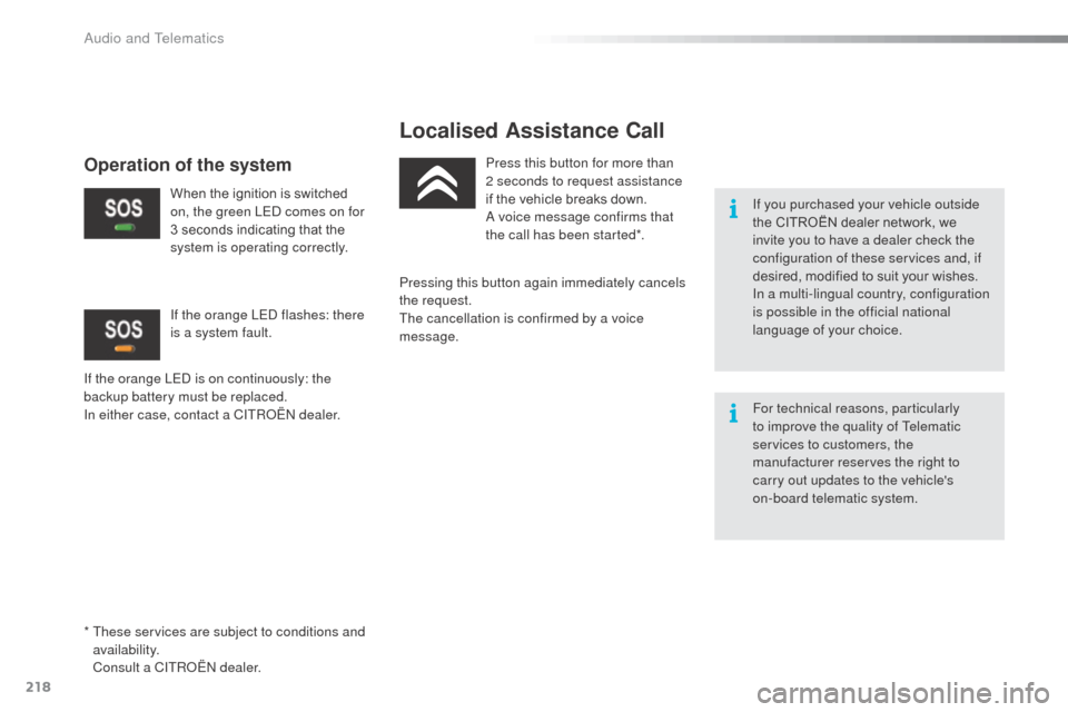 Citroen C3 RHD 2015 2.G Owners Manual 218
Localised Assistance Call
If you purchased your vehicle outside
the CITROËN dealer network, we
invite you to have a dealer check the
configuration of these services and, if
desired, modified Citroen C3 RHD 2015 2.G Owners Manual 218
Localised Assistance Call
If you purchased your vehicle outside
the CITROËN dealer network, we
invite you to have a dealer check the
configuration of these services and, if
desired, modified
