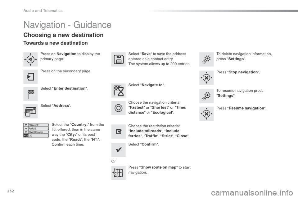 Citroen C3 RHD 2015 2.G Owners Manual 232
navigation - Guidance
Choosing a new destination
Select "Enter destination ". Select "
Save" to save the address 
entered as a contact entry.
The system allows up to 200 entries.
Select " Confirm 