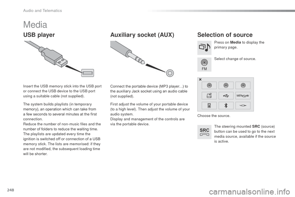 Citroen C3 RHD 2015 2.G Owners Manual 248
Media
USB playerSelection of source
The steering mounted SRC (s o u r c e) 
button can be used to go to the next 
media source, available if the source 
is active. Select change of source. Press o