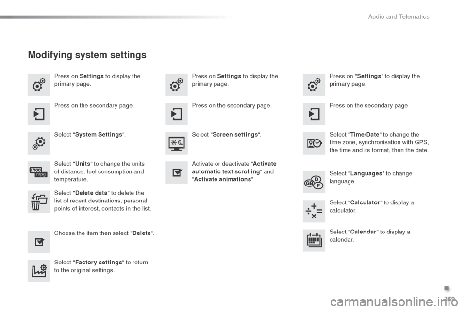 Citroen C3 RHD 2015 2.G Owners Manual 259
Press on Settings to display the
primary page. Press on "
Settings" to display the
primary page.
Press on Settings
to display the
primary page.
Press on the secondary page. Press on the second Citroen C3 RHD 2015 2.G Owners Manual 259
Press on Settings to display the
primary page. Press on "
Settings" to display the
primary page.
Press on Settings
to display the
primary page.
Press on the secondary page. Press on the second