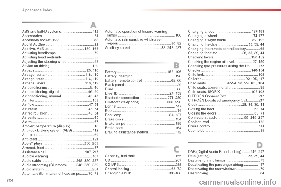 Citroen C3 RHD 2015 2.G Owners Manual 304
abS and EbFd systems ...............................112ac
cessories .................................................... 61
ac
cessory socket, 12V ...................................88
a
dd Citroen C3 RHD 2015 2.G Owners Manual 304
abS and EbFd systems ...............................112ac
cessories .................................................... 61
ac
cessory socket, 12V ...................................88
a
dd