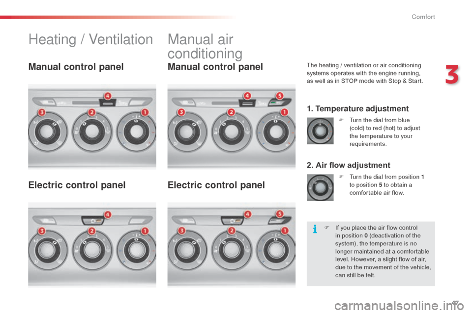 Citroen C3 RHD 2015 2.G Owners Manual 47
Heating / VentilationManual air
conditioning
The heating / ventilation or air conditioning
systems operates with the engine running,
as well as in STOP mode with Stop & Start.
1. Temperature ad Citroen C3 RHD 2015 2.G Owners Manual 47
Heating / VentilationManual air
conditioning
The heating / ventilation or air conditioning
systems operates with the engine running,
as well as in STOP mode with Stop & Start.
1. Temperature ad