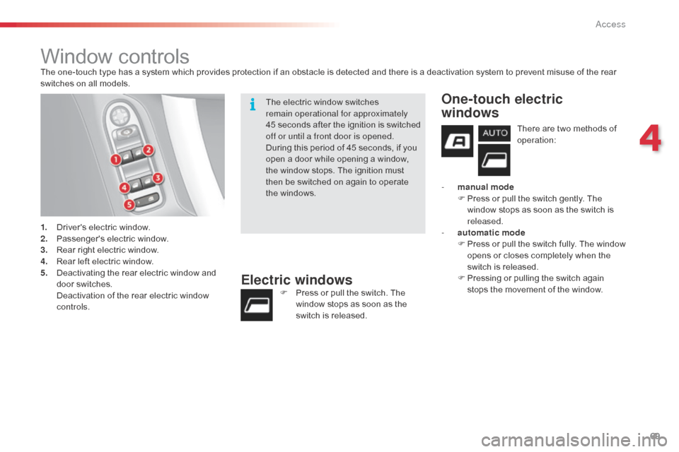 Citroen C3 RHD 2015 2.G Owners Manual 69
Window controlsThe one-touch type has a system which provides protection if an obstacle is detected and there is a deactivation system to prevent misuse of the rear 
switches on all models.
1.
 D
r