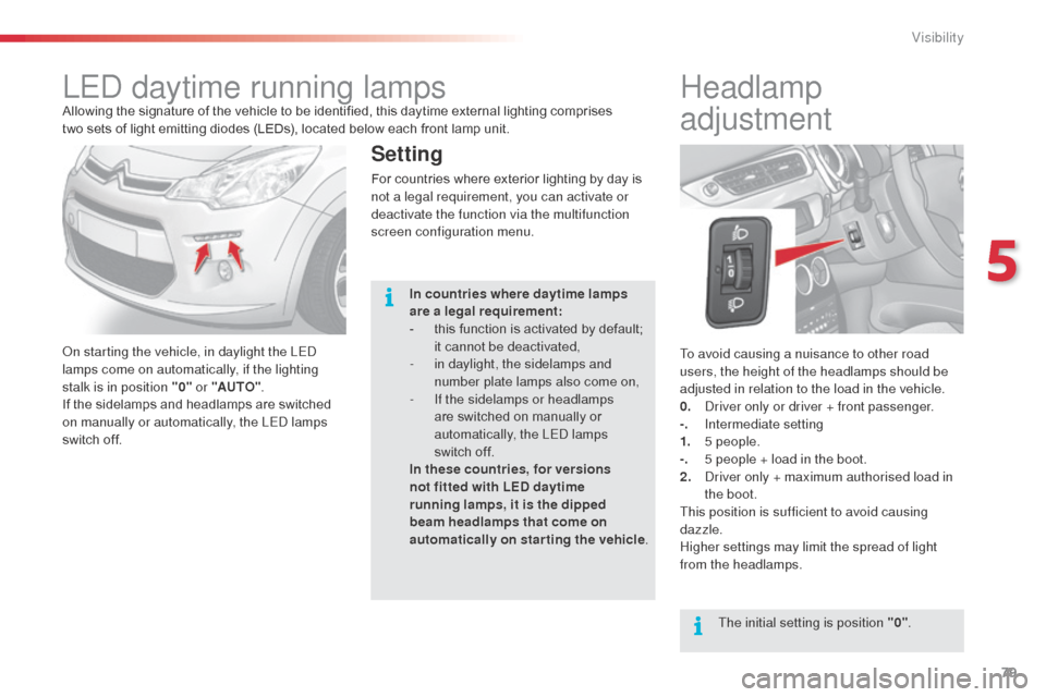 Citroen C3 RHD 2015 2.G Manual Online 79
To avoid causing a nuisance to other road
users, the height of the headlamps should be
adjusted in relation to the load in the vehicle.
0. d
r
iver only or driver + front passenger.
-.
I
nte Citroen C3 RHD 2015 2.G Manual Online 79
To avoid causing a nuisance to other road
users, the height of the headlamps should be
adjusted in relation to the load in the vehicle.
0. d
r
iver only or driver + front passenger.
-.
I
nte