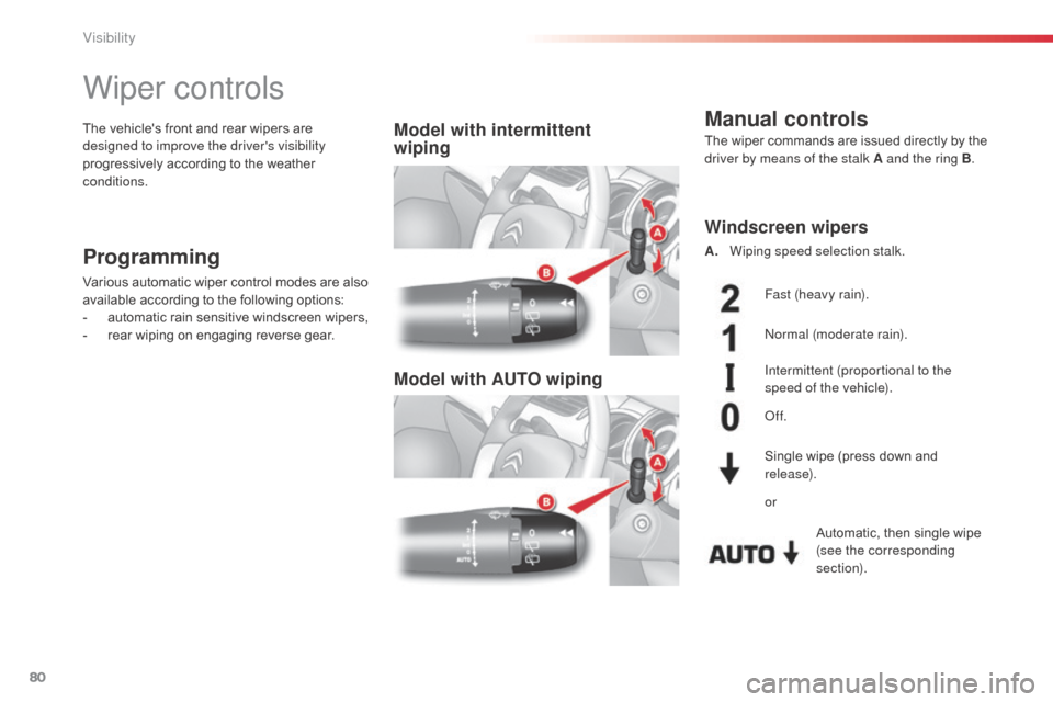 Citroen C3 RHD 2015 2.G Manual Online 80
Wiper controls
Programming
Various automatic wiper control modes are also
available according to the following options:
-
a
utomatic rain sensitive windscreen wipers,
-
r
ear wiping on engagin Citroen C3 RHD 2015 2.G Manual Online 80
Wiper controls
Programming
Various automatic wiper control modes are also
available according to the following options:
-
a
utomatic rain sensitive windscreen wipers,
-
r
ear wiping on engagin