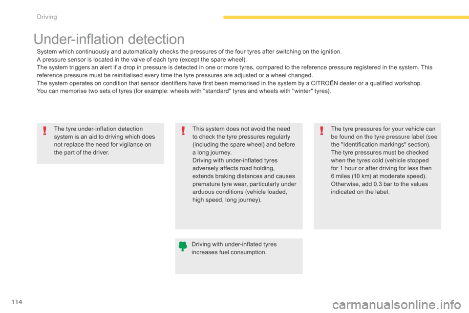 Citroen C4 AIRCROSS 2015 1.G Owners Manual 114
C4-Aircross_en_Chap04_conduite_ed01-2014
The tyre under-inflation detection
system is an aid to driving which does
not replace the need for vigilance on
the part of the driver.
Under-inflation Citroen C4 AIRCROSS 2015 1.G Owners Manual 114
C4-Aircross_en_Chap04_conduite_ed01-2014
The tyre under-inflation detection
system is an aid to driving which does
not replace the need for vigilance on
the part of the driver.
Under-inflation