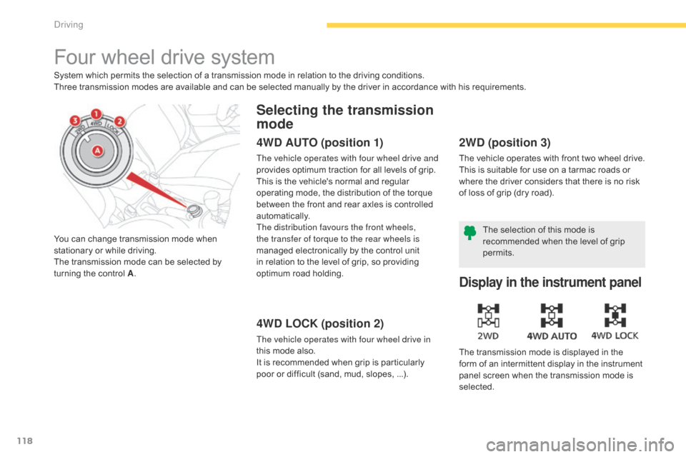 Citroen C4 AIRCROSS 2015 1.G Owners Guide 118
C4-Aircross_en_Chap04_conduite_ed01-2014
Four wheel drive system
System which permits the selection of a transmission mode in relation to the driving conditions.
Three transmission modes are avail