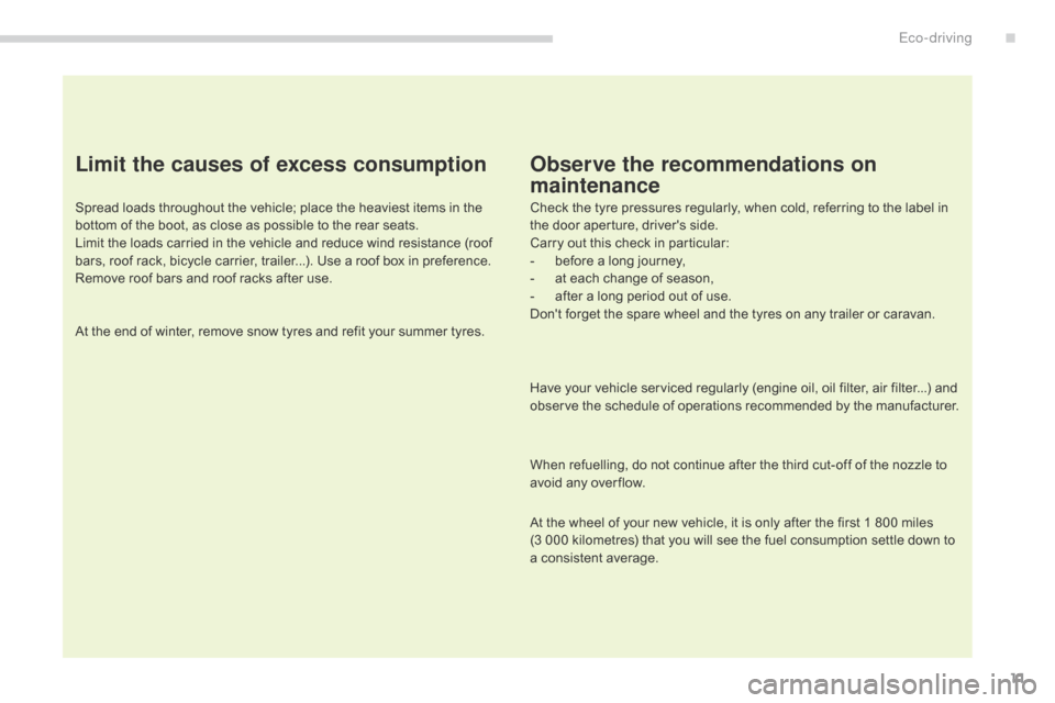 Citroen C4 AIRCROSS 2015 1.G Owners Manual 11
C4-Aircross_en_Chap00c_eco-conduite_ed01-2014
Limit the causes of excess consumption
Spread loads throughout the vehicle; place the heaviest items in the 
bottom of the boot, as close as possible t