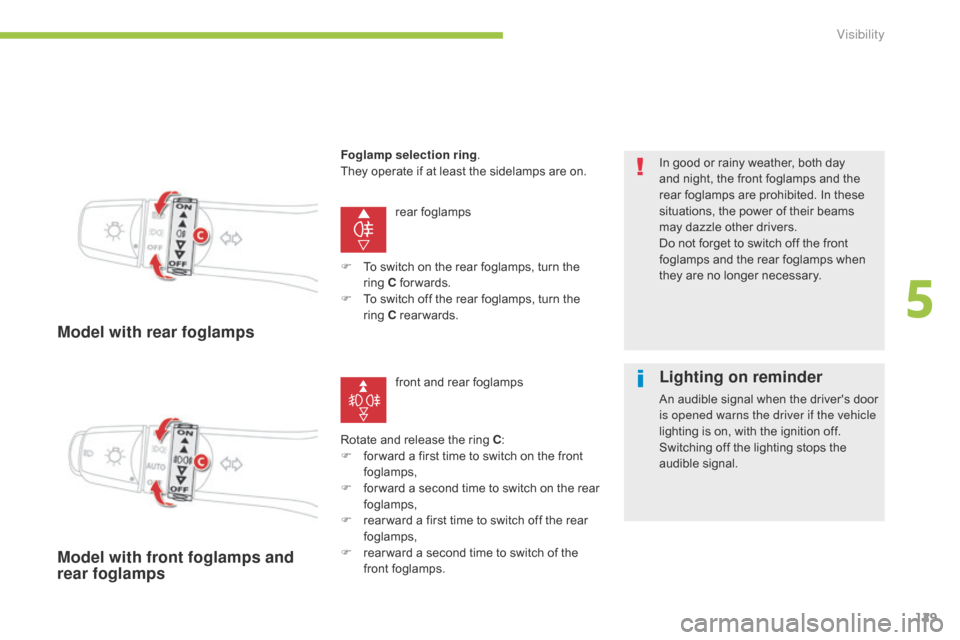 Citroen C4 AIRCROSS 2015 1.G Owners Manual 129
C4-Aircross_en_Chap05_visibilite_ed01-2014
Model with rear foglamps
rear foglamps
Rotate and release the ring C :
F
 
f

or ward a first time to switch on the front 
foglamps,
F
 
f

or ward a sec