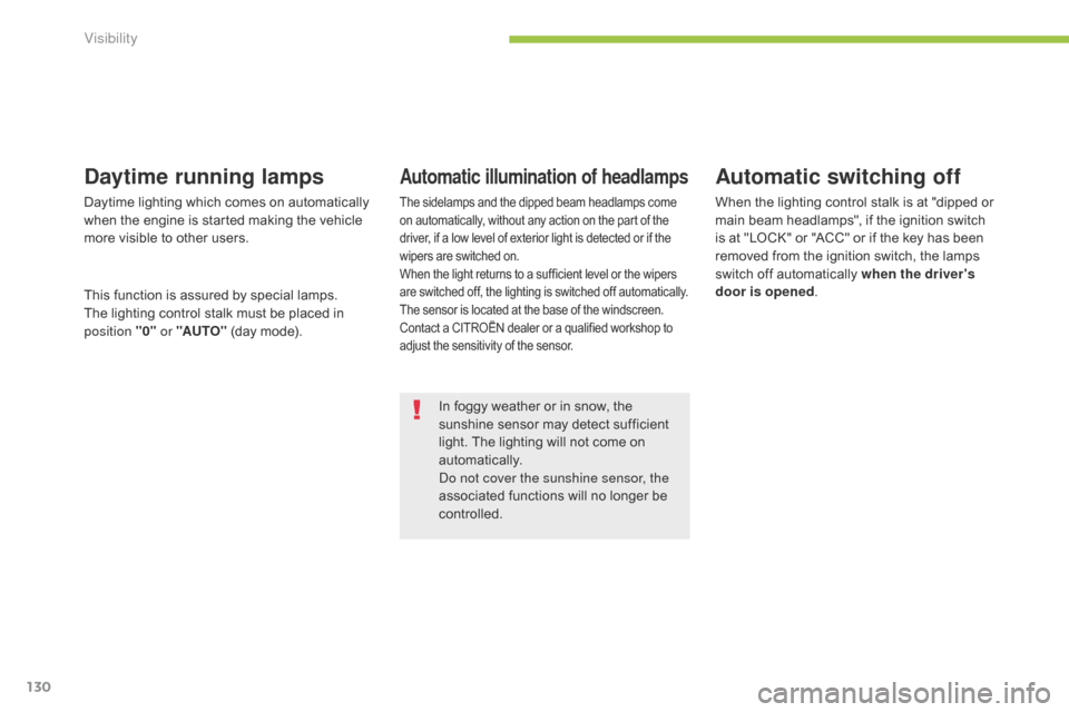 Citroen C4 AIRCROSS 2015 1.G Owners Manual 130
C4-Aircross_en_Chap05_visibilite_ed01-2014
In foggy weather or in snow, the 
sunshine sensor may detect sufficient 
light. The lighting will not come on 
automatically.
do n
ot cover the sunshine 