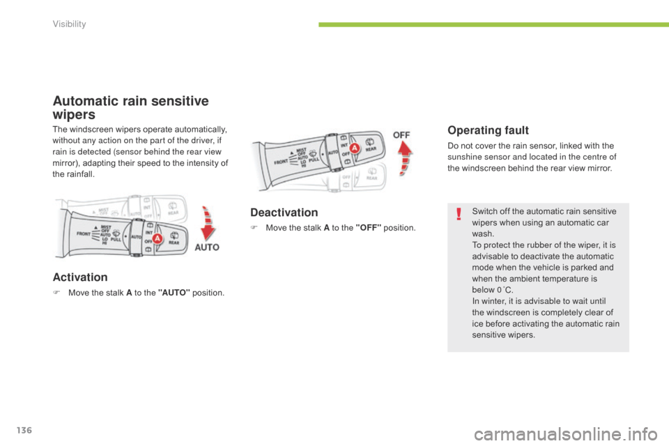 Citroen C4 AIRCROSS 2015 1.G Owners Manual 136
C4-Aircross_en_Chap05_visibilite_ed01-2014
Automatic rain sensitive 
wipers
Operating fault
Do not cover the rain sensor, linked with the 
sunshine sensor and located in the centre of 
the windscr