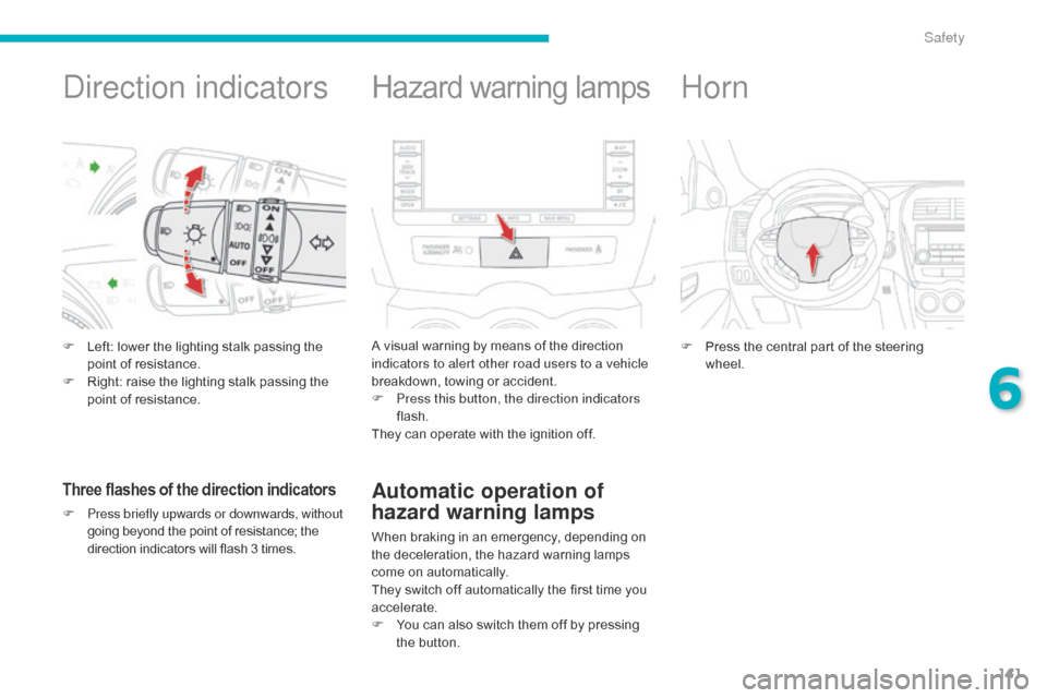 Citroen C4 AIRCROSS 2015 1.G Owners Manual 141
C4-Aircross_en_Chap06_securite_ed01-2014
direction indicators
F Left: lower the lighting stalk passing the point of resistance.
F
 
R
 ight: raise the lighting stalk passing the 
point of resistan