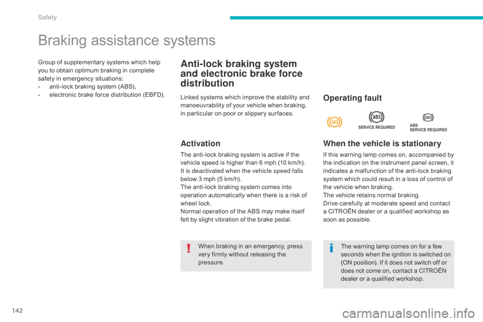 Citroen C4 AIRCROSS 2015 1.G Owners Manual 142
C4-Aircross_en_Chap06_securite_ed01-2014
Group of supplementary systems which help 
you to obtain optimum braking in complete 
safety in emergency situations:
- 
a
 nti-lock braking system (ABS),
