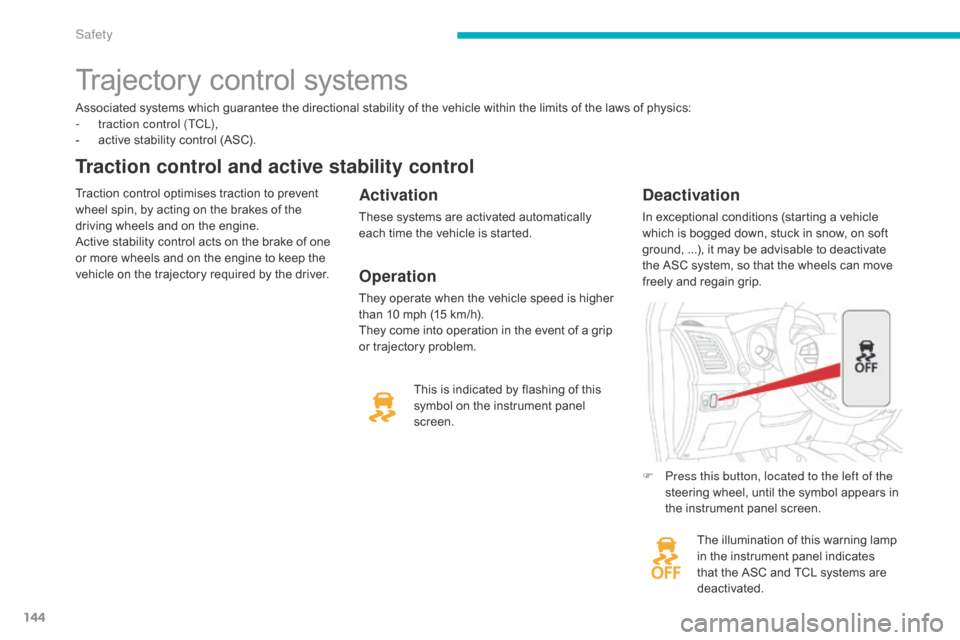 Citroen C4 AIRCROSS 2015 1.G Owners Manual 144
C4-Aircross_en_Chap06_securite_ed01-2014
Associated systems which guarantee the directional stability of the vehicle within the limits of the laws of physics:
- t raction control (TCL),
-
 
a
 cti