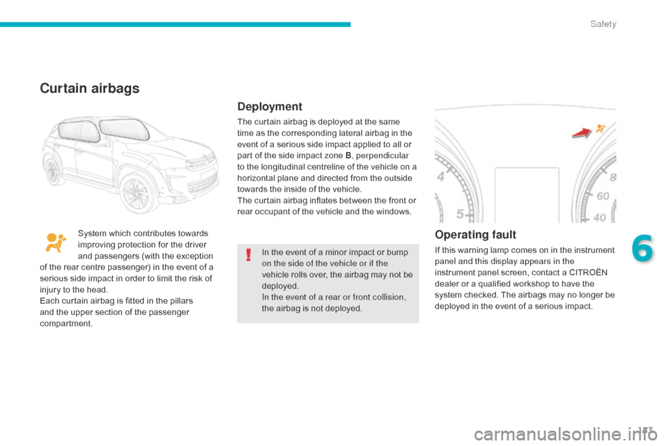 Citroen C4 AIRCROSS 2015 1.G User Guide 153
C4-Aircross_en_Chap06_securite_ed01-2014
In the event of a minor impact or bump 
on the side of the vehicle or if the 
vehicle rolls over, the airbag may not be 
deployed.
In the event of a rear o
