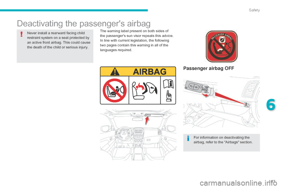 Citroen C4 AIRCROSS 2015 1.G Owners Manual 157
C4-Aircross_en_Chap06_securite_ed01-2014
Deactivating the passengers airbag
Passenger airbag OFF
The warning label present on both sides of 
the passengers sun visor repeats this advice. 
In lin