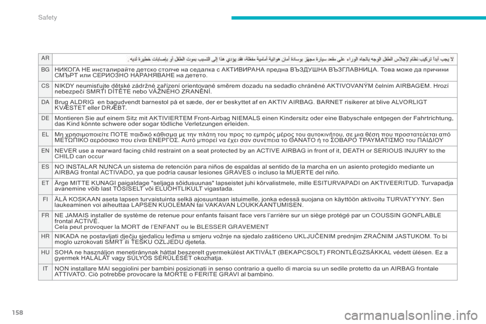 Citroen C4 AIRCROSS 2015 1.G User Guide 158
AR
b
G
НИКОГА НЕ инсталирайте детско столче на седалка с АКТИВИРАНА предна ВЪЗДУШНА ВЪЗГЛАВНИЦ А. Това може д�