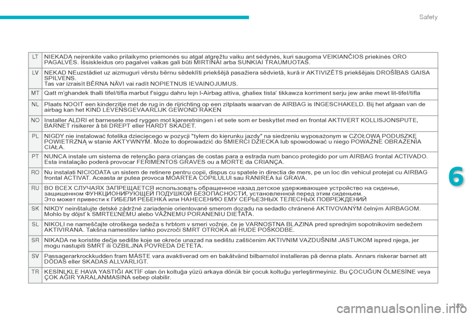 Citroen C4 AIRCROSS 2015 1.G User Guide 159
LTNIEK ADA neįrenkite vaiko prilaikymo priemonės su atgal atgręžtu vaiku ant sėdynės, kuri saugoma VEIKIANČIOS priekinės ORO 
PAGALVĖS. Išsiskleidus oro pagalvei vaikas gali būti MIRTIN