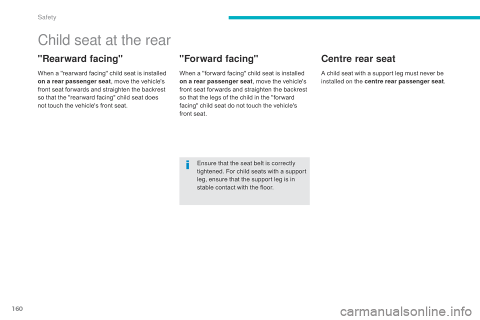 Citroen C4 AIRCROSS 2015 1.G Owners Manual 160
C4-Aircross_en_Chap06_securite_ed01-2014
Child seat at the rear
"Rearward facing"
When a "rear ward facing" child seat is installed 
on a rear passenger seat, move the vehicles 
front seat for wa