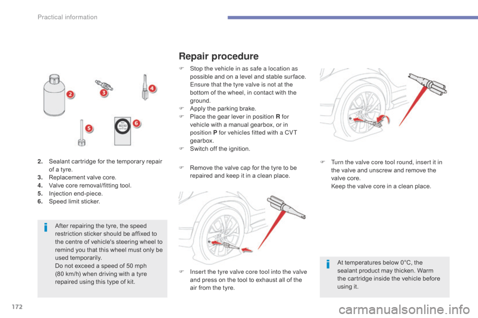 Citroen C4 AIRCROSS 2015 1.G Owners Manual 172
C4-Aircross_en_Chap07_info-pratiques_ed01-2014
After repairing the tyre, the speed 
restriction sticker should be affixed to 
the centre of vehicles steering wheel to 
remind you that this wheel 