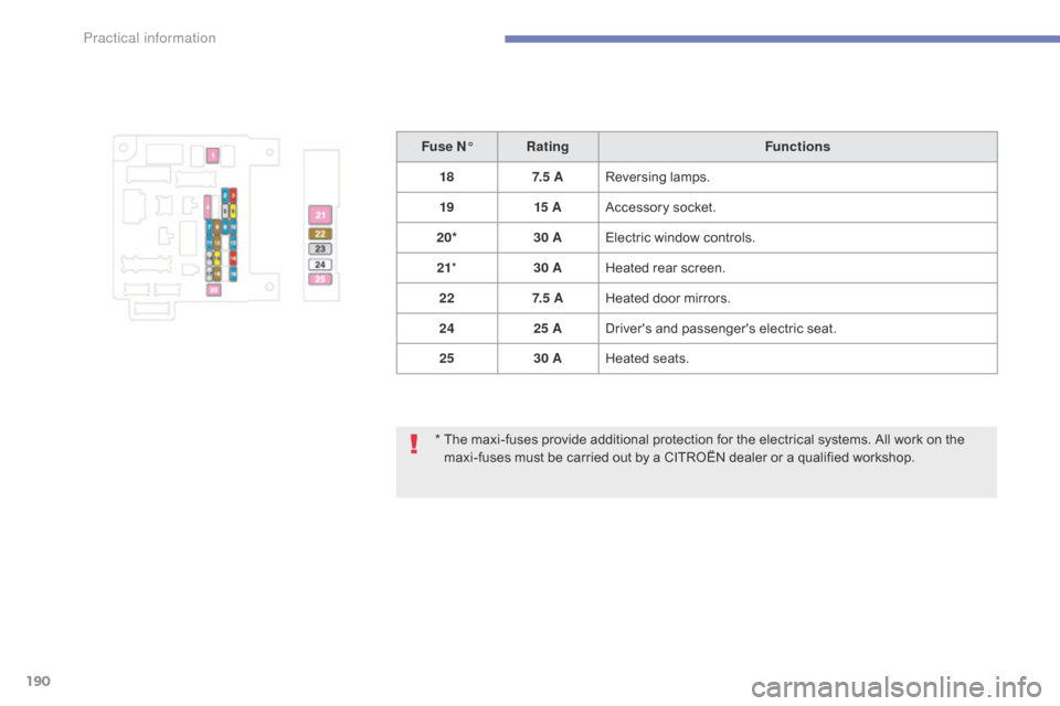 Citroen C4 AIRCROSS 2015 1.G Owners Manual 190
C4-Aircross_en_Chap07_info-pratiques_ed01-2014
*  The maxi-fuses provide additional protection for the electrical systems. All work on the maxi-fuses must be carried out by a CITROËN dealer or a 