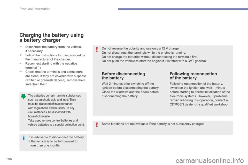 Citroen C4 AIRCROSS 2015 1.G Owners Manual 196
C4-Aircross_en_Chap07_info-pratiques_ed01-2014
The batteries contain harmful substances 
such as sulphuric acid and lead. They 
must be disposed of in accordance 
with regulations and must not, in