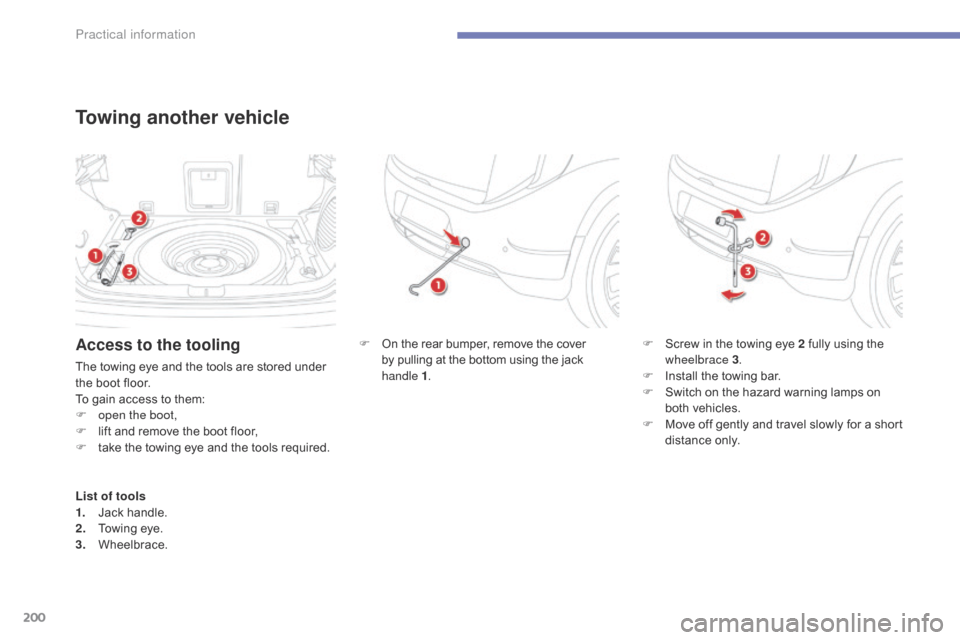 Citroen C4 AIRCROSS 2015 1.G Owners Manual 200
C4-Aircross_en_Chap07_info-pratiques_ed01-2014
Towing another vehicle
F On the rear bumper, remove the cover by pulling at the bottom using the jack 
handle
 1. F

 S crew in the towing eye 2 full