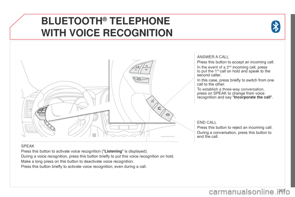 Citroen C4 AIRCROSS 2015 1.G Owners Manual 237
SPEA
k
Press this button to activate voice recognition ("
Listening" is displayed).
During a voice recognition, press this button briefly to put this voice recognition on hold.
Make a long press o Citroen C4 AIRCROSS 2015 1.G Owners Manual 237
SPEA
k
Press this button to activate voice recognition ("
Listening" is displayed).
During a voice recognition, press this button briefly to put this voice recognition on hold.
Make a long press o