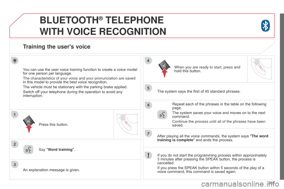 Citroen C4 AIRCROSS 2015 1.G Owners Manual 239
BLUETOOTH® TELEPHONE
WITH
VOICE
RECOGNITION
Training the users voice
You can use the user voice training function to create a voice model
for one person per language.
The characteristics Citroen C4 AIRCROSS 2015 1.G Owners Manual 239
BLUETOOTH® TELEPHONE
WITH
VOICE
RECOGNITION
Training the users voice
You can use the user voice training function to create a voice model
for one person per language.
The characteristics