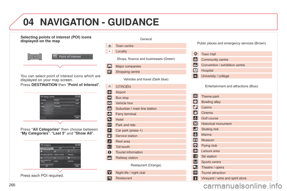 Citroen C4 AIRCROSS 2015 1.G Service Manual 04
266
C4-Aircross_en_Chap10b_Mitsu6_ed01-2014
Selecting points of interest (POI) icons 
displayed on the map
You can select point of interest icons which are 
displayed on your map screen.
Press DEST
