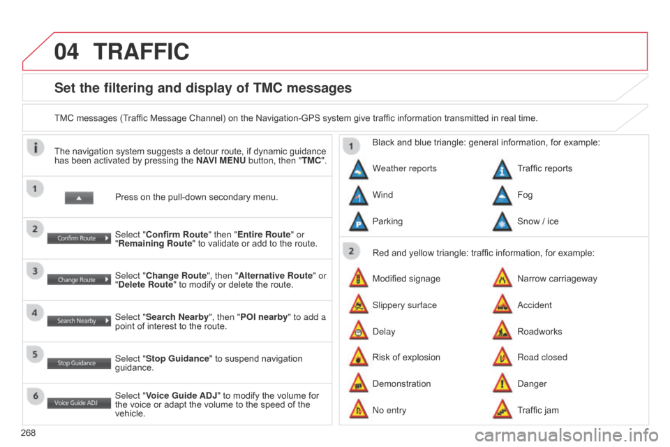 Citroen C4 AIRCROSS 2015 1.G Owners Manual 04
268
C4-Aircross_en_Chap10b_Mitsu6_ed01-2014
Set the filtering and display of TMC messages
TMC messages (Traffic Message Channel) on the Navigation-GPS system give traffic information transmitted in Citroen C4 AIRCROSS 2015 1.G Owners Manual 04
268
C4-Aircross_en_Chap10b_Mitsu6_ed01-2014
Set the filtering and display of TMC messages
TMC messages (Traffic Message Channel) on the Navigation-GPS system give traffic information transmitted in