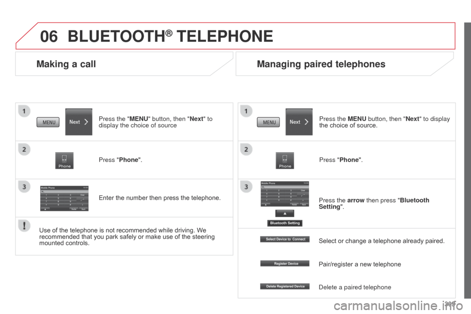 Citroen C4 AIRCROSS 2015 1.G Repair Manual 06
309
C4-Aircross_en_Chap10c_Mitsu5_ed01-2014
Making a call
BLUETOOTH® TELEPHONE
Press the "MENU" button, then "Next" to 
display the choice of source
Press "Phone".
Enter the number then press the 