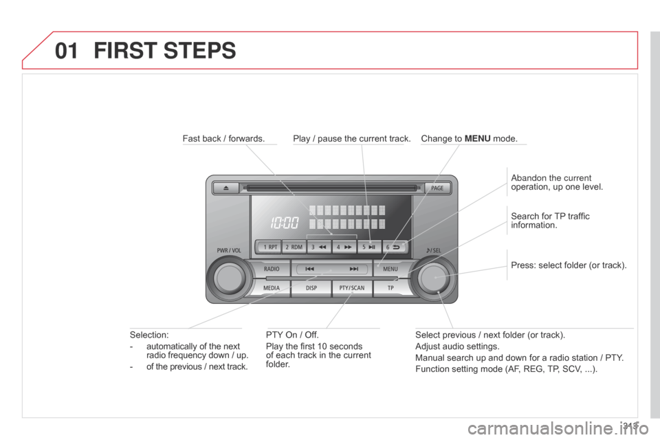 Citroen C4 AIRCROSS 2015 1.G Owners Manual 01
313
C4-Aircross_en_Chap10d_Mitsu4_ed01-2014
FIRST STEPS
Fast back / forwards.PTY  On   / Off.
Play the first 10 seconds 
of each track in the current 
folder.
Selection:
-
 automatically of the nex