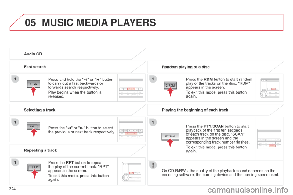 Citroen C4 AIRCROSS 2015 1.G Owners Manual 05
324
C4-Aircross_en_Chap10d_Mitsu4_ed01-2014
MUSIC MEDIA PLAYERS
Random playing of a disc
Press the RDM button to start random
play of the tracks on the disc. "RDM"
appears in the screen.
To exit Citroen C4 AIRCROSS 2015 1.G Owners Manual 05
324
C4-Aircross_en_Chap10d_Mitsu4_ed01-2014
MUSIC MEDIA PLAYERS
Random playing of a disc
Press the RDM button to start random
play of the tracks on the disc. "RDM"
appears in the screen.
To exit