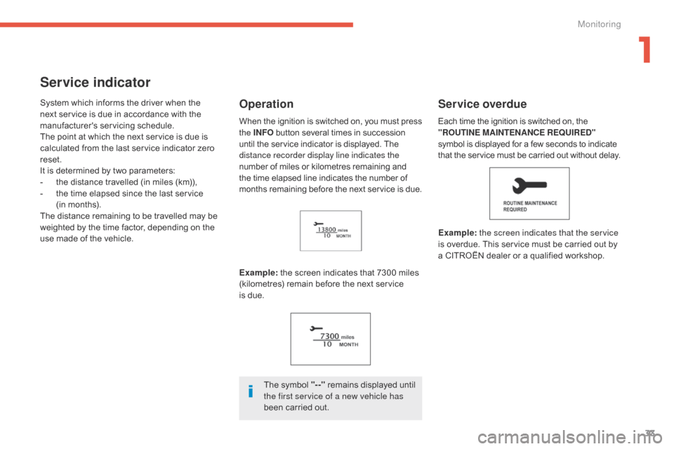 Citroen C4 AIRCROSS 2015 1.G Owners Manual 33
C4-Aircross_en_Chap01_controle-de-marche_ed01-2014
Service indicator
System which informs the driver when the 
next service is due in accordance with the 
manufacturers servicing schedule.
The poi