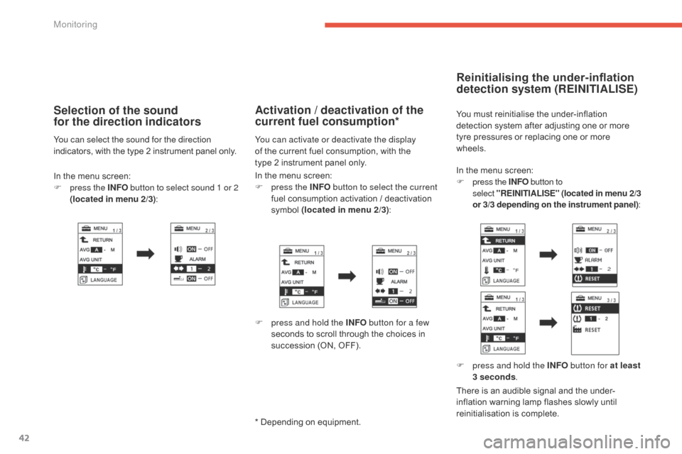 Citroen C4 AIRCROSS 2015 1.G User Guide 42
In the menu screen:
F p ress the INFO  button to 
select
 "

REINITIALISE"  (located in menu 2/3 
or 3/3 depending on the instrument panel) :
Reinitialising the under-inflation 
detection system (R