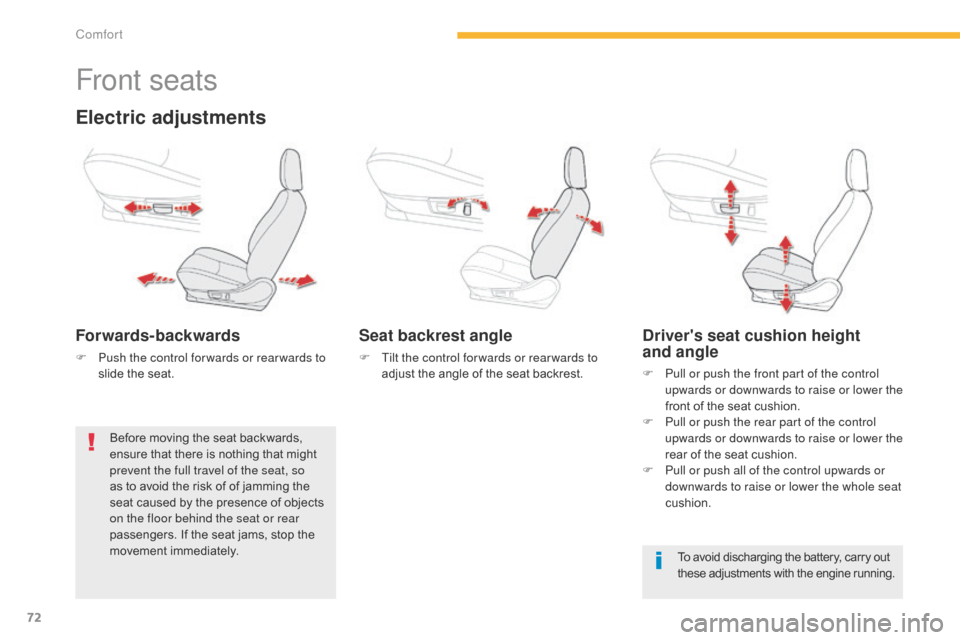 Citroen C4 AIRCROSS 2015 1.G Owners Manual 72
C4-Aircross_en_Chap03_confort_ed01-2014
Front seats
Electric adjustments
Forwards-backwards
F Push the control for wards or rear wards to slide the seat.
Seat backrest angle
F Tilt the control for Citroen C4 AIRCROSS 2015 1.G Owners Manual 72
C4-Aircross_en_Chap03_confort_ed01-2014
Front seats
Electric adjustments
Forwards-backwards
F Push the control for wards or rear wards to slide the seat.
Seat backrest angle
F Tilt the control for