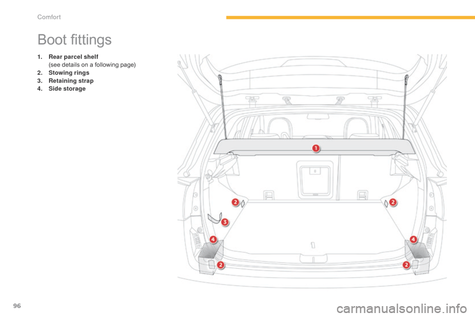 Citroen C4 AIRCROSS 2015 1.G Owners Manual 96
C4-Aircross_en_Chap03_confort_ed01-2014
Boot fittings
1. Rear parcel shelf  (
see details on a following page)
2.
 S

towing  rings
3.
 R

etaining strap
4.
 S

ide storage 
Comfort  