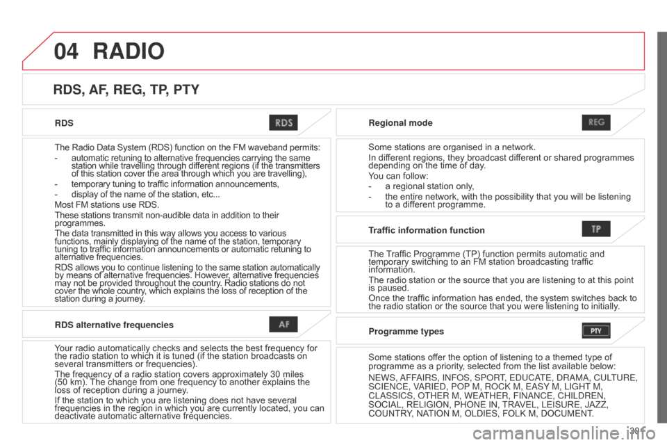 Citroen C4 AIRCROSS RHD 2015 1.G Owners Manual 04
301
RDS
The Radio Data System (RDS) function on the FM waveband permits:
-
automatic retuning to alternative frequencies carrying the same
station while travelling through different regions (i Citroen C4 AIRCROSS RHD 2015 1.G Owners Manual 04
301
RDS
The Radio Data System (RDS) function on the FM waveband permits:
-
automatic retuning to alternative frequencies carrying the same
station while travelling through different regions (i