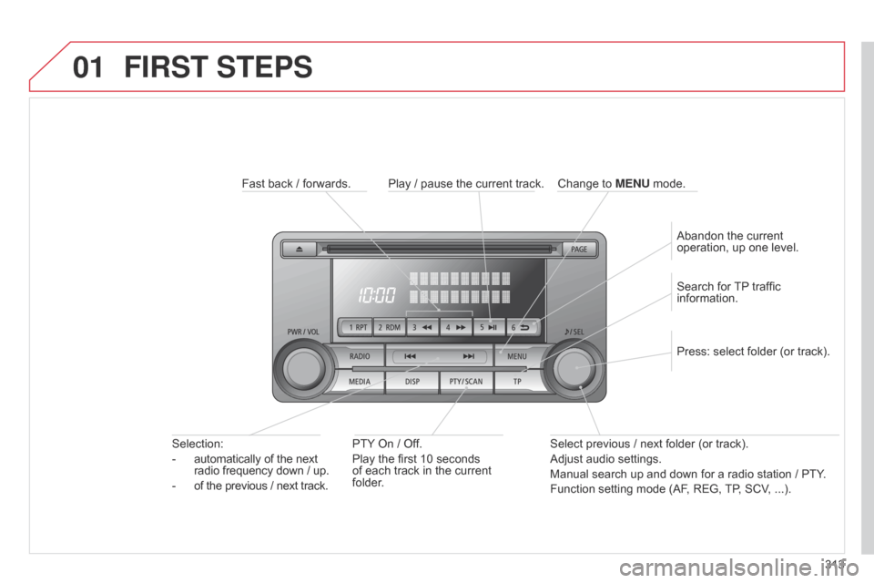 Citroen C4 AIRCROSS RHD 2015 1.G Owners Manual 01
313
FIRST STEPS
Fast back / forwards.PTY  On   / Off.
Play the first 10 seconds 
of each track in the current 
folder.
Selection:
-
 automatically of the next

 
radio frequency down
  / up.
-
 of 