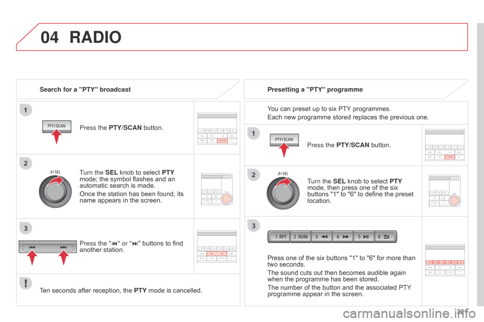Citroen C4 AIRCROSS RHD 2015 1.G Owners Manual
04
321
RADIO
Search for a "PTY" broadcastPress the PTY/SCAN button.
Ten seconds after reception, the PTY mode is cancelled. Press one of the six buttons "1" to "6" for more than
two seconds.
The s Citroen C4 AIRCROSS RHD 2015 1.G Owners Manual
04
321
RADIO
Search for a "PTY" broadcastPress the PTY/SCAN button.
Ten seconds after reception, the PTY mode is cancelled. Press one of the six buttons "1" to "6" for more than
two seconds.
The s