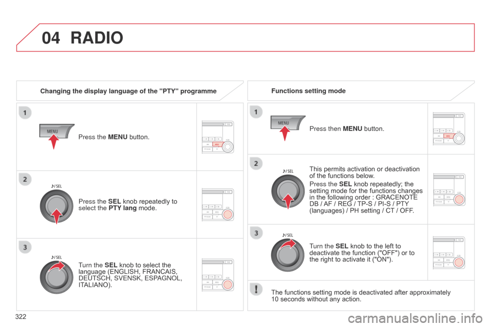 Citroen C4 AIRCROSS RHD 2015 1.G Owners Manual 04
322
RADIO
Changing the display language of the "PTY" programmeFunctions setting mode
This permits activation or deactivation
of the functions below.
Press the SEL knob repeatedly; the
setting mod Citroen C4 AIRCROSS RHD 2015 1.G Owners Manual 04
322
RADIO
Changing the display language of the "PTY" programmeFunctions setting mode
This permits activation or deactivation
of the functions below.
Press the SEL knob repeatedly; the
setting mod