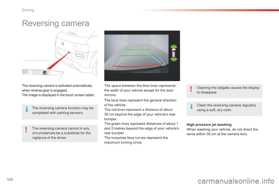 Citroen C4 CACTUS 2015 1.G Owners Manual 102
C4-cactus_en_Chap05_conduite_ed02-2014
Reversing camera
Clean the reversing camera regularly u
sing   a   soft,   dry   cloth.
The
 
reversing
 
camera
 
is
 
activated
 
automatica