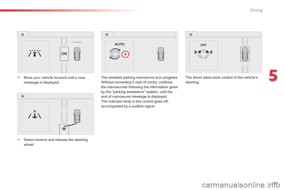 Citroen C4 CACTUS 2015 1.G Owners Guide 105
C4-cactus_en_Chap05_conduite_ed02-2014
The assisted parking manoeuvre is in progress.
W ithout  exceeding  5  mph  (8  km/h),  continue Â
t
he  manoeuvres  following  the Citroen C4 CACTUS 2015 1.G Owners Guide 105
C4-cactus_en_Chap05_conduite_ed02-2014
The assisted parking manoeuvre is in progress.
W ithout  exceeding  5  mph  (8  km/h),  continue Â
t
he  manoeuvres  following  the