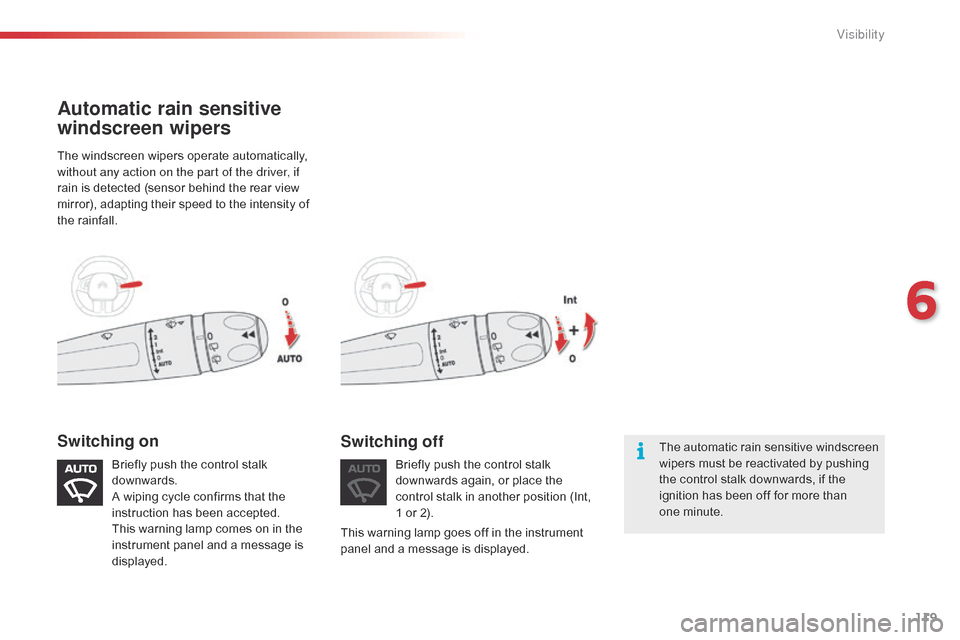 Citroen C4 CACTUS 2015 1.G Owners Manual 119
C4-cactus_en_Chap06_visibilite_ed02-2014
The windscreen wipers operate automatically, without any action on the part of the driver, if 
rain
  is   detected   (sensor   behind   the   r