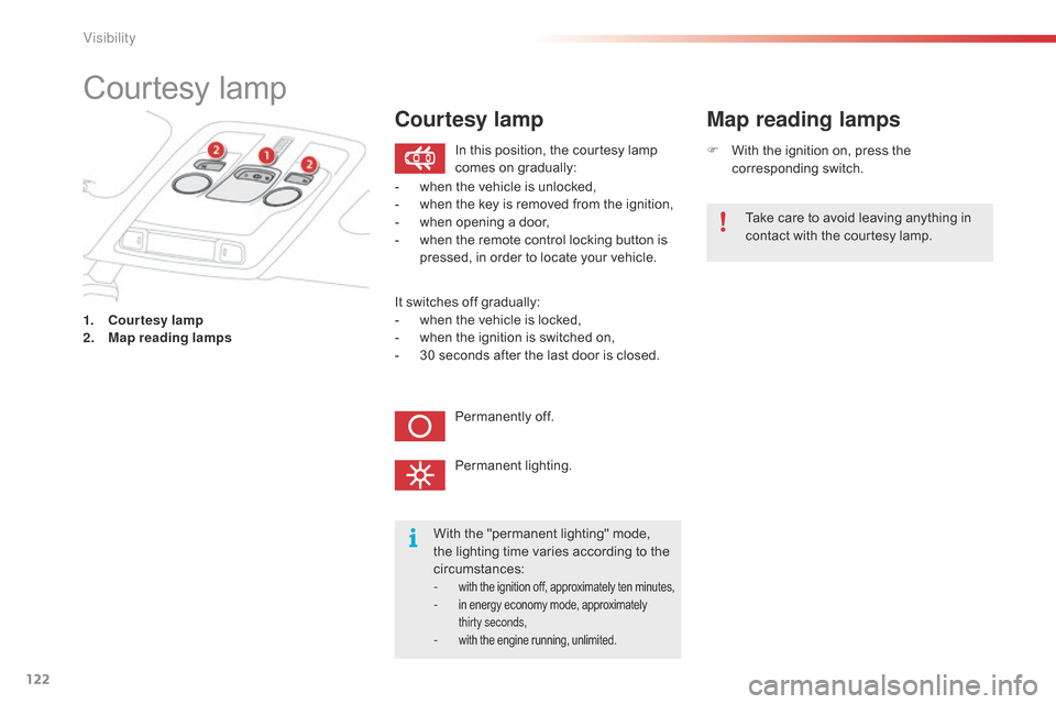 Citroen C4 CACTUS 2015 1.G Service Manual 122
C4-cactus_en_Chap06_visibilite_ed02-2014
Courtesy lamp
1. Courtesy lamp
2. M
ap reading lamps F
 
W
 ith   the   ignition   on,   press   the  
c

orresponding
 s
 witch.
Map reading lamp