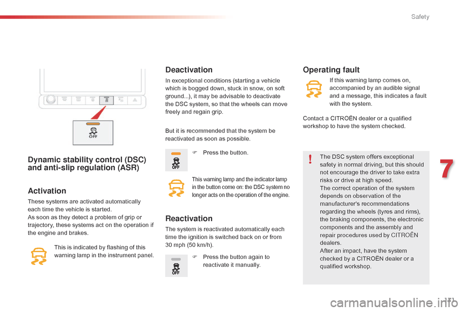 Citroen C4 CACTUS 2015 1.G Service Manual 131
C4-cactus_en_Chap07_securite_ed02-2014
Dynamic stability control (DSC) 
and anti-slip regulation (ASR)The DSC system offers exceptional safety   in   normal   driving,   but   this   sh