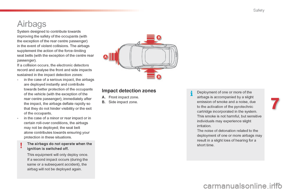 Citroen C4 CACTUS 2015 1.G Owners Guide 135
C4-cactus_en_Chap07_securite_ed02-2014
Airbags
System designed to contribute towards improving   the   safety   of   the   occupants   (with  
t

he   exception   of   the   rear 